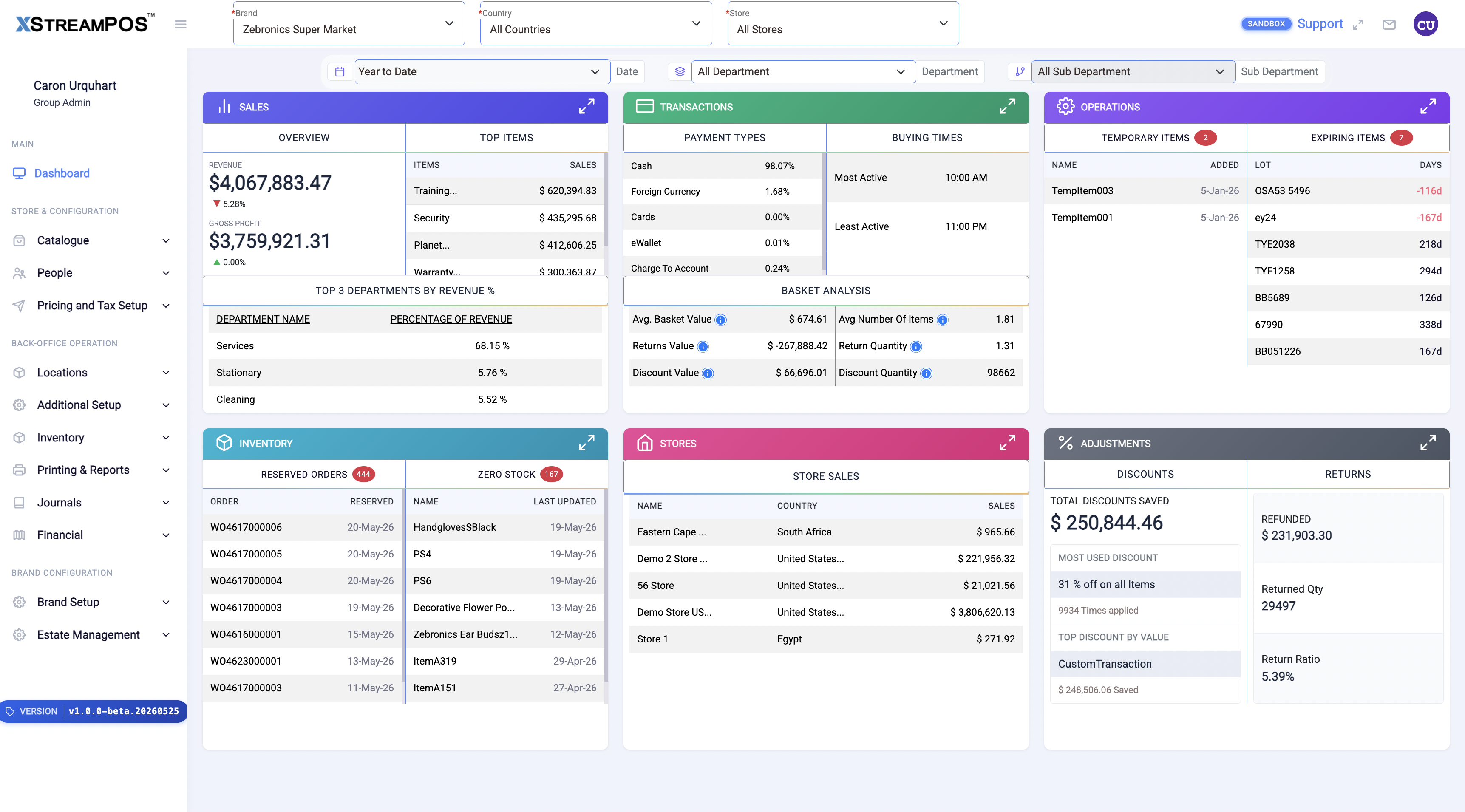 XStreamPOS back office dashboard with sales, transactions, inventory, stores, and adjustments panels